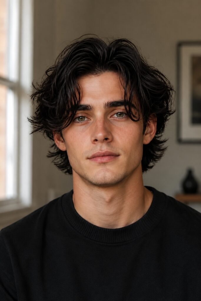 Shaggy middle part on a man