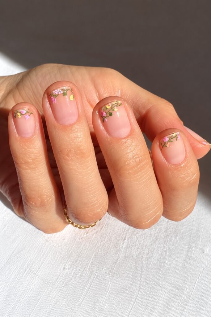 Sheer nails with tiny floral art