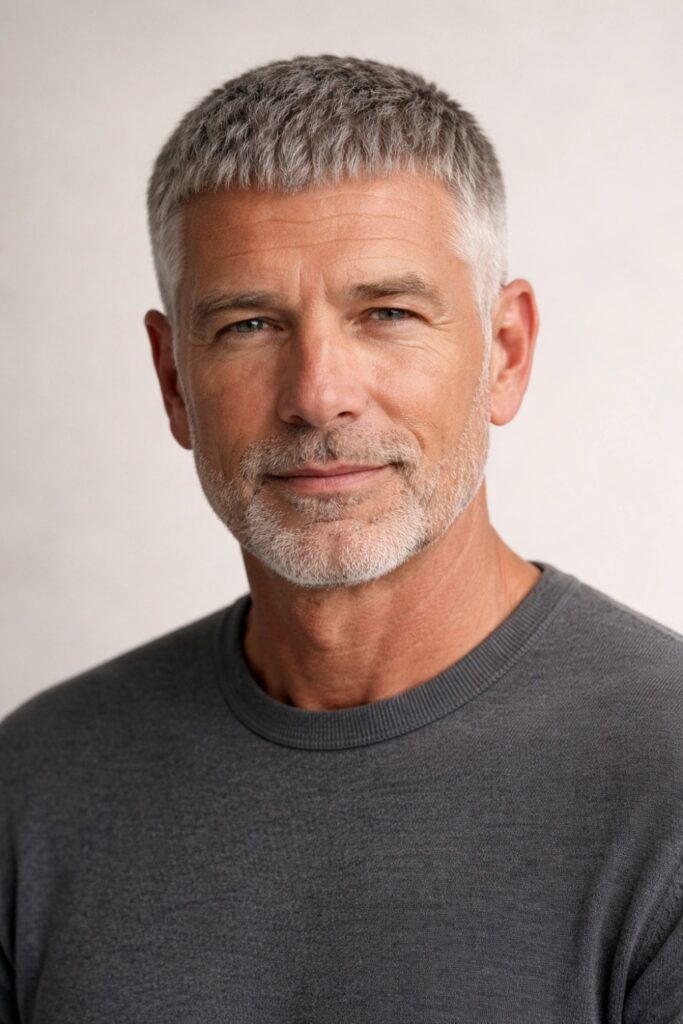 Short Caesar cut on gray hair