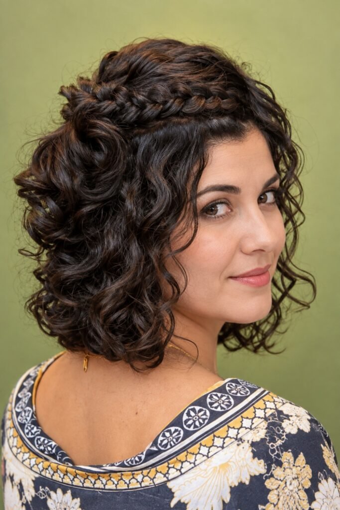 Short curly hair in a half-up style