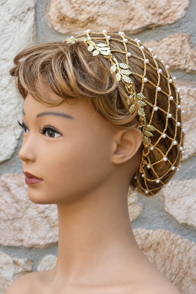 Gold decorative snood on a mannequin head