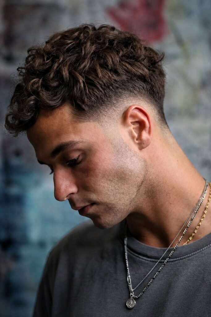 Short layered curly crop on a man looking down