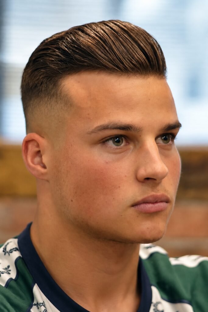 Man with a short pompadour and faded sides