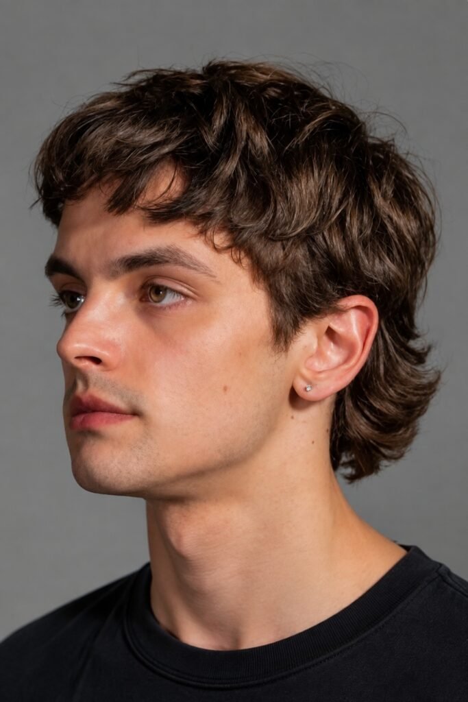Side view of a short shag mullet with a wavy fringe