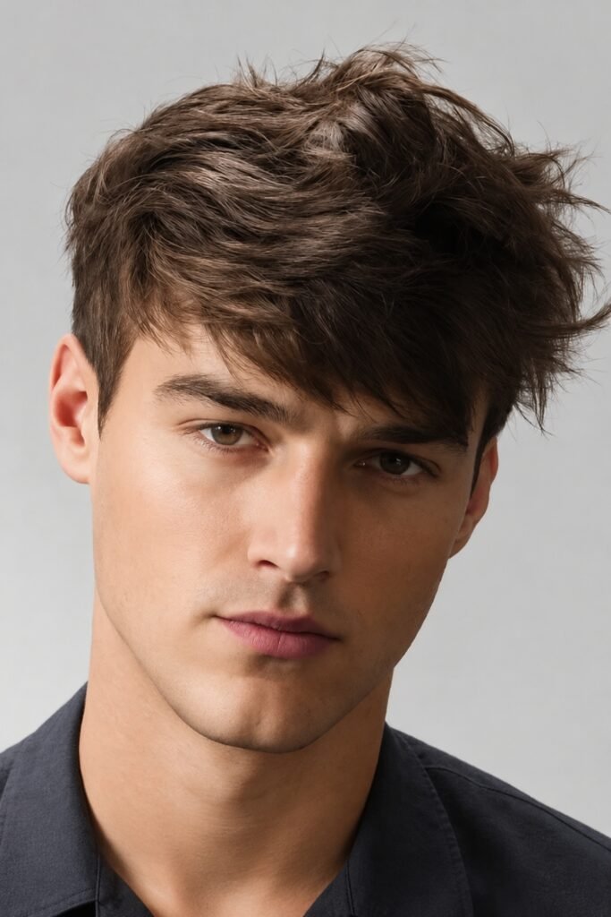 Man with a short shag and side-swept bangs