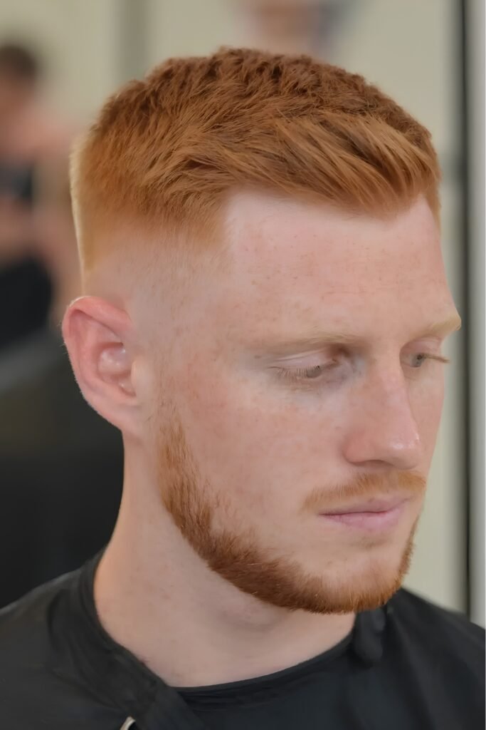 Man with a short side-swept ginger haircut and beard