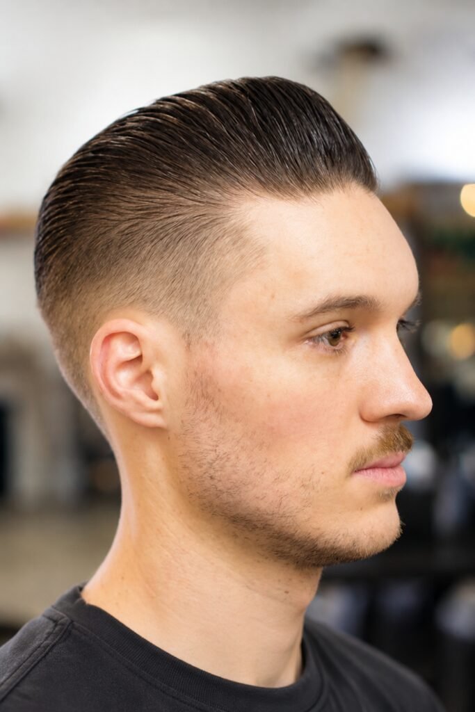 Side view of a short slick back with a taper