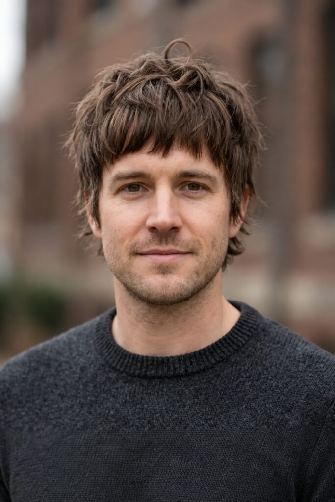 Man with a short straight shag and a light fringe