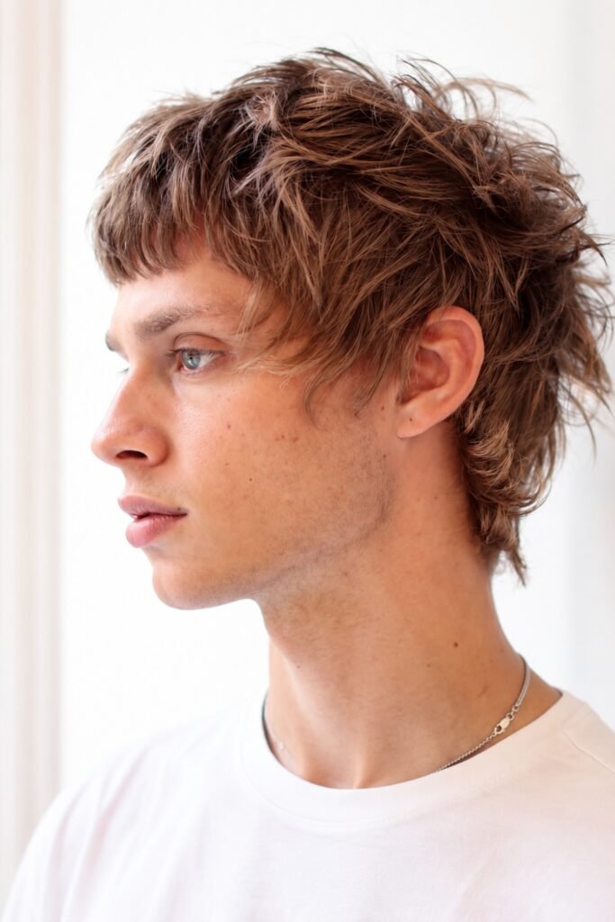 Side profile of a short textured shag with a fringe