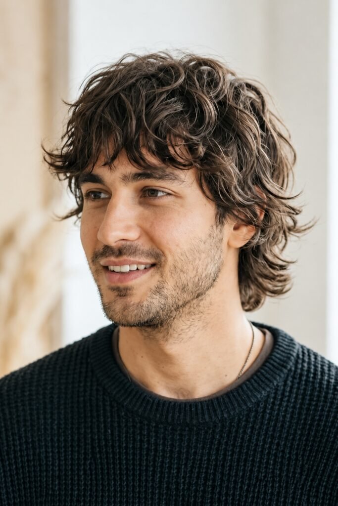 Man with a short wavy shag and stubble