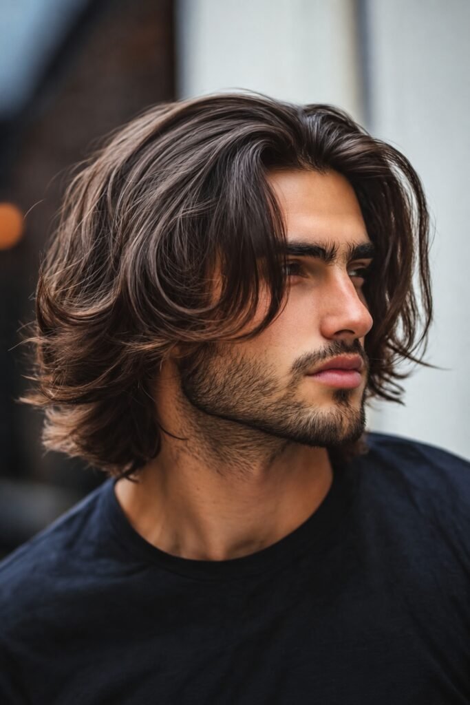 Shoulder-grazing wavy bob on a man