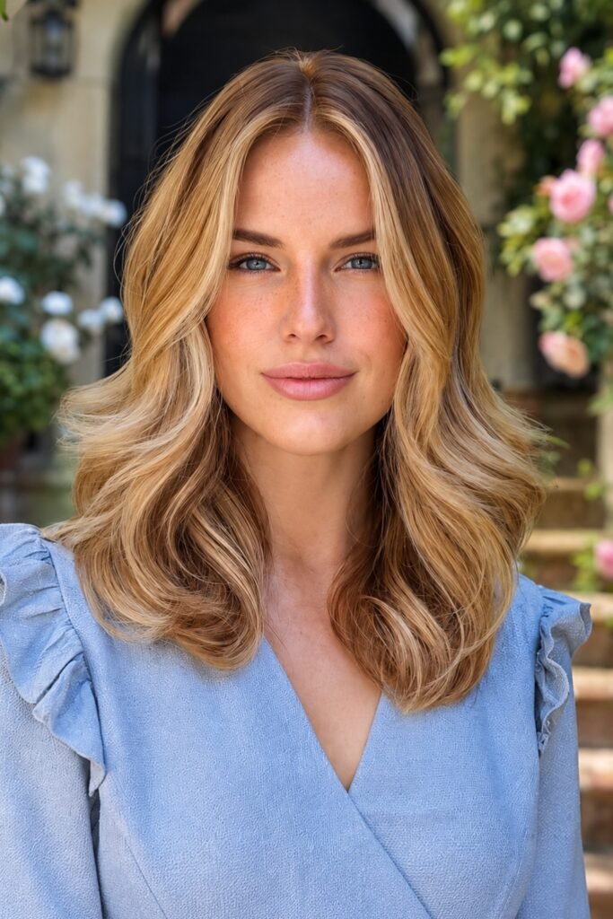 Woman with a shoulder-length blonde blowout