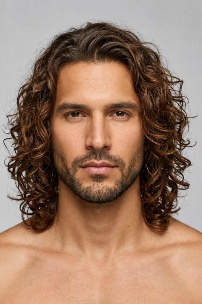 Shoulder-length layered curls on a man