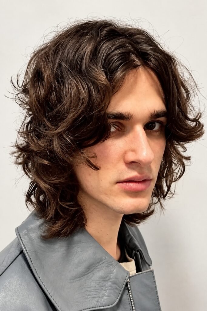 Man with shoulder-length layered waves