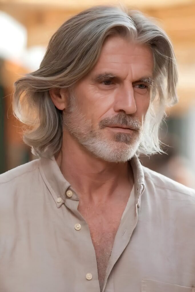 Shoulder-length silver layers on an older man