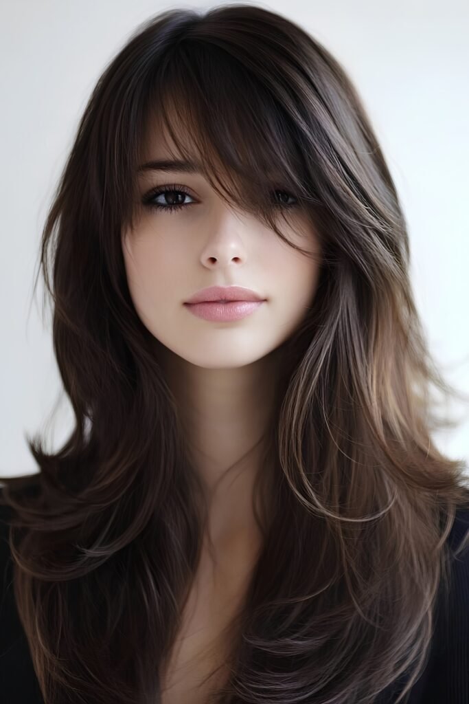 Long layered hair with side-swept bangs