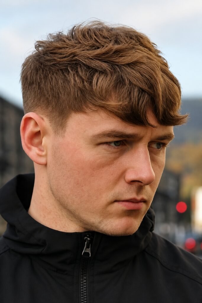 Side-swept fringe with a low taper