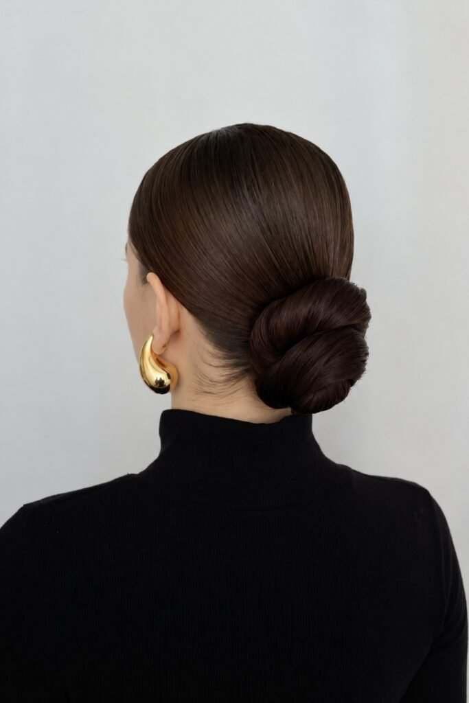 Back view of a sleek low nape bun with a gold earring