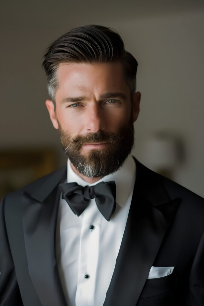 Slicked-back hair with a trimmed full beard