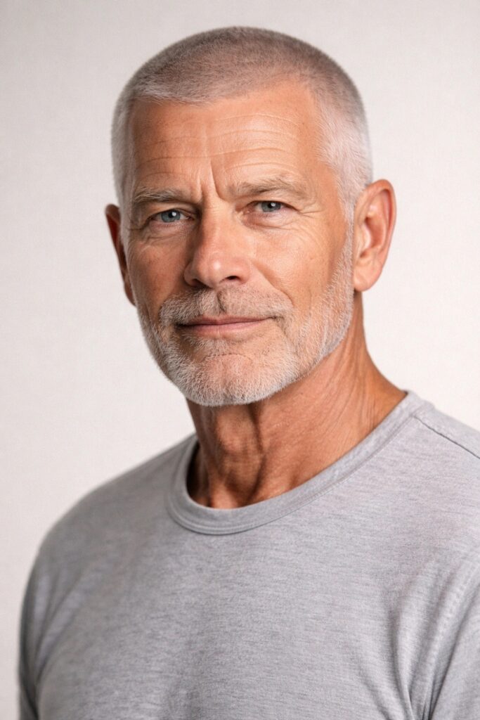 Soft buzz cut on an older man