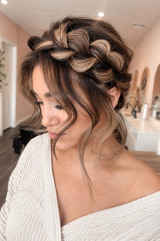 Soft crown braid with loose face-framing strands