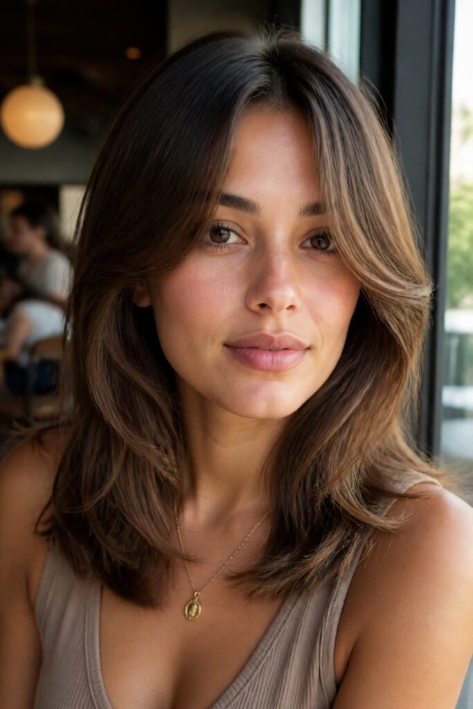 Curtain bangs with face-framing layers