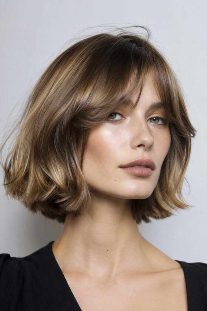 Woman with a soft jaw-length French bob and a light fringe