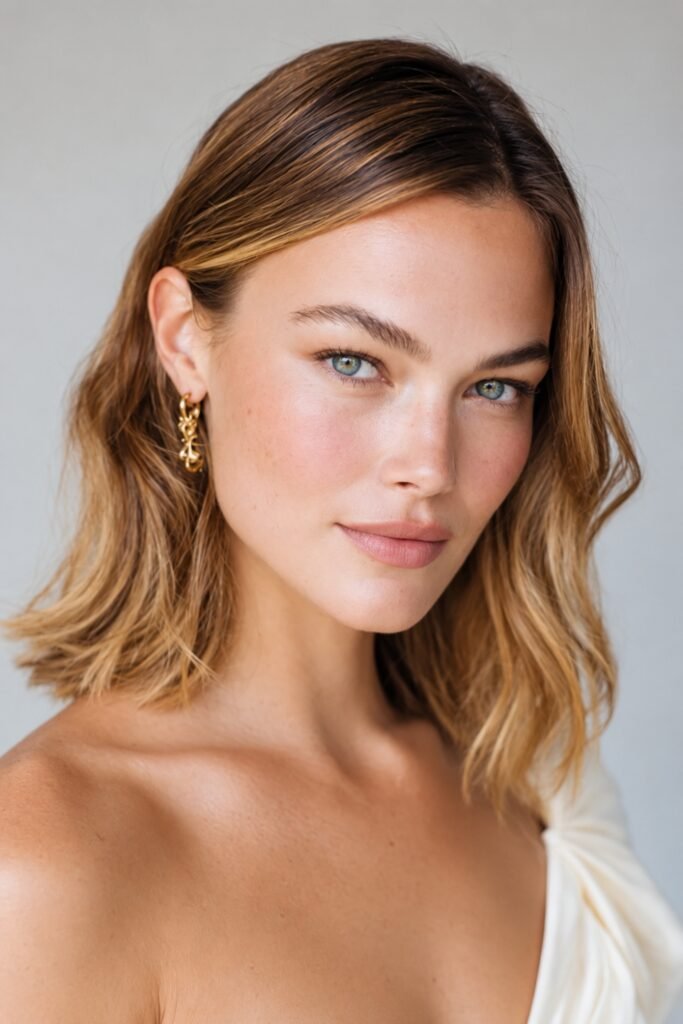 Woman with a soft collarbone-length lob in honey brown