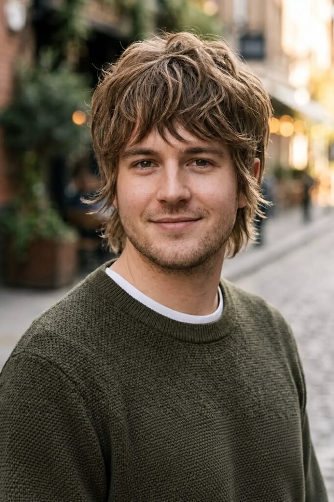 Man with a soft short shag on a city street