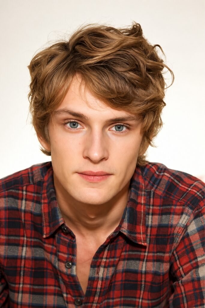 Man with a soft side-swept flow haircut and a red plaid shirt