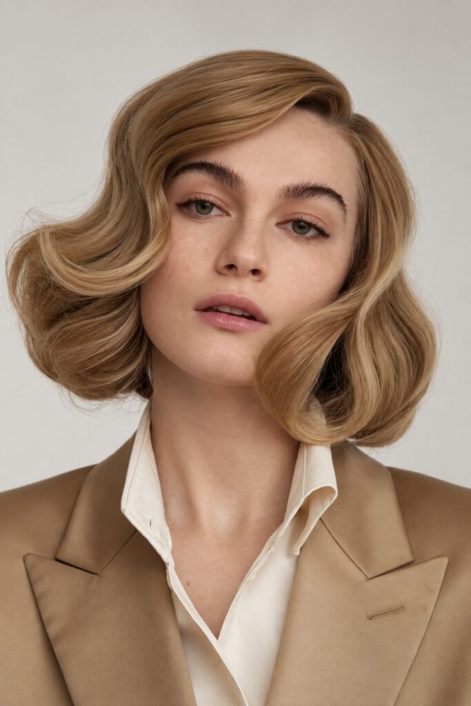 Woman with a soft wavy bob in golden blonde
