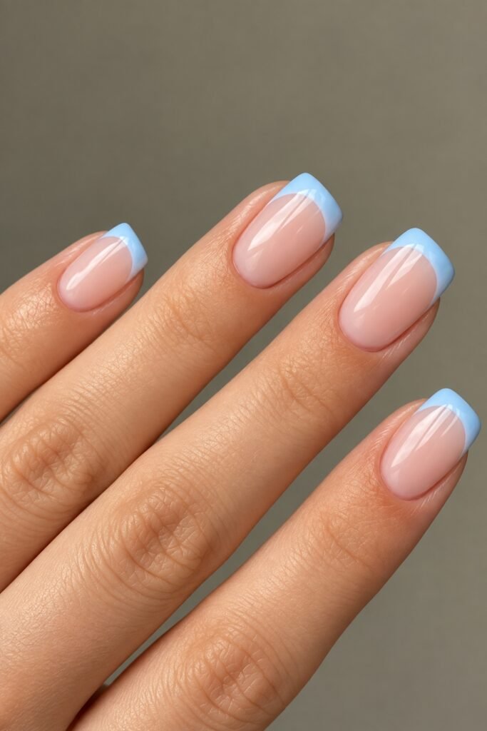 Short nails with pale blue French tips