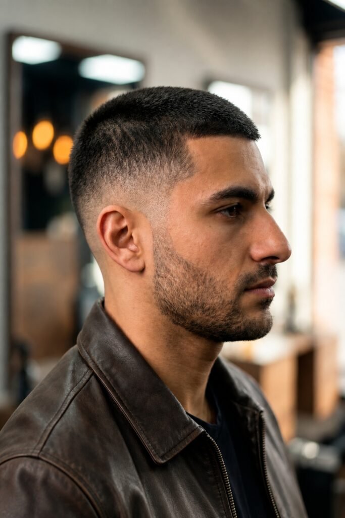 Side view of a tapered crew cut with a beard