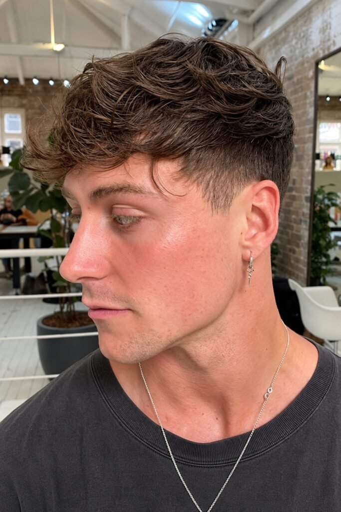 Man with a tapered flow haircut and a textured fringe, side view