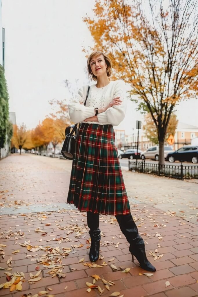 Tartan Midi Skirt + Cream Knit
