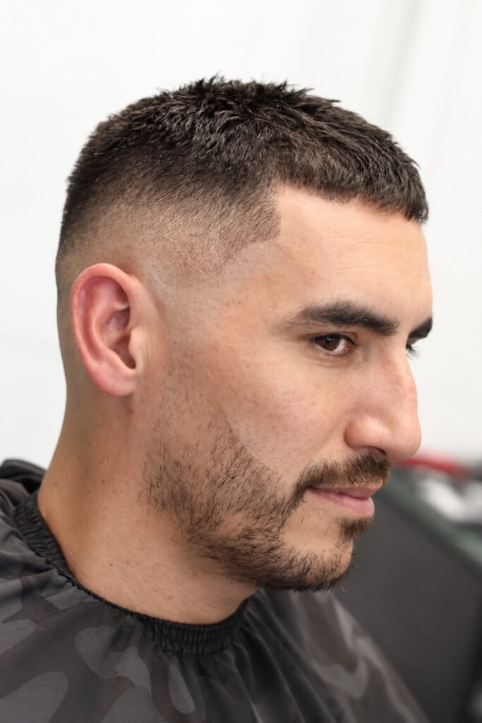 Textured buzz cut with faded sides and stubble