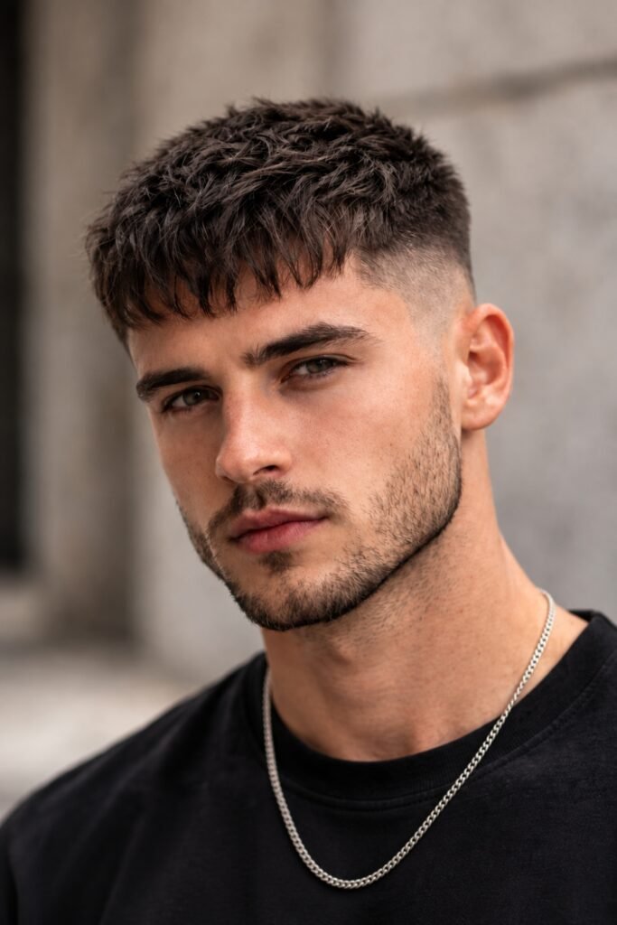 Textured French crop on a man with a narrow face