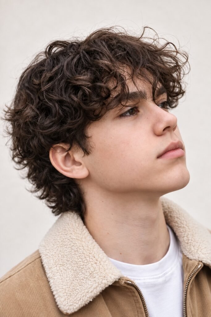 Man with a textured fringe and wavy flow, seen from the side