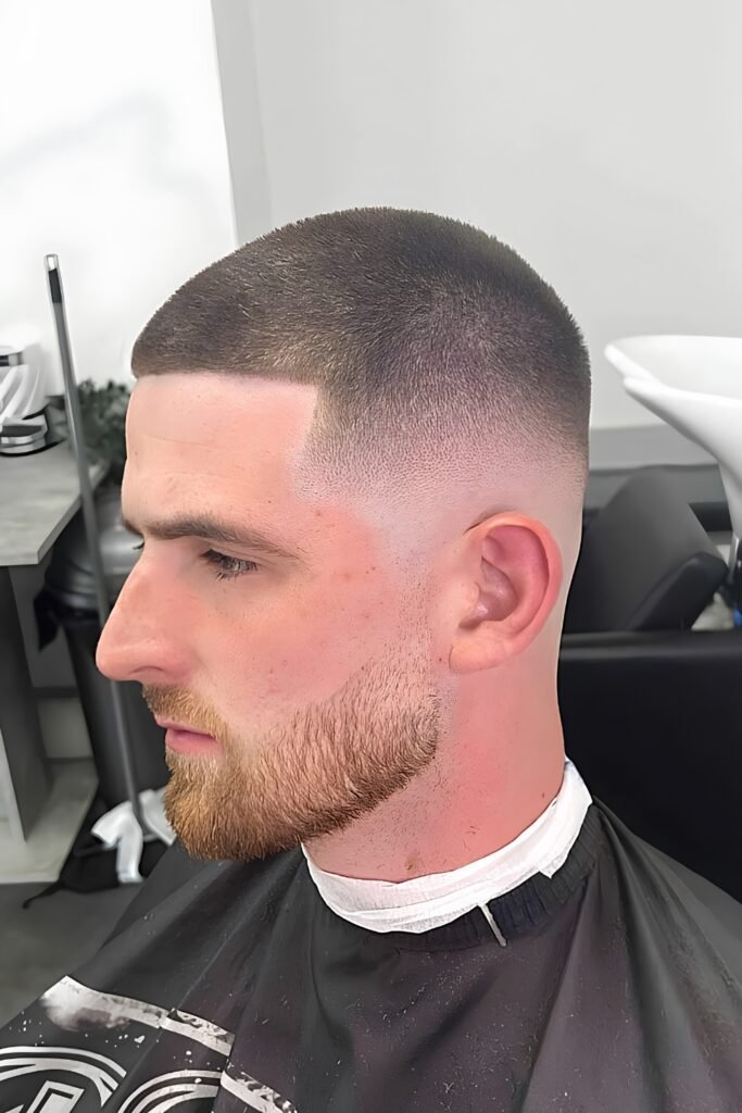 Thicker number three buzz cut with a mid skin fade