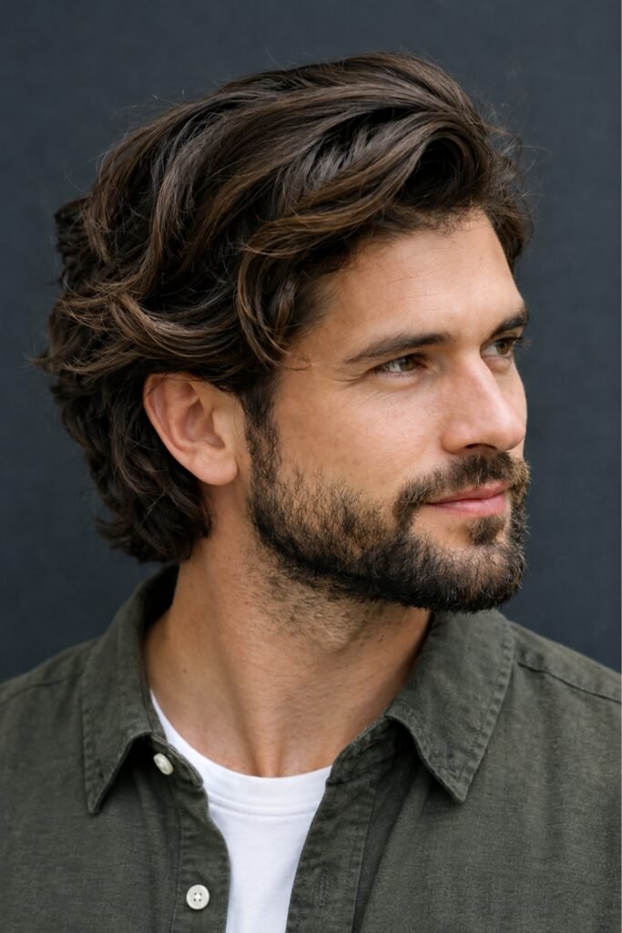 Man with thick wavy layers and a beard