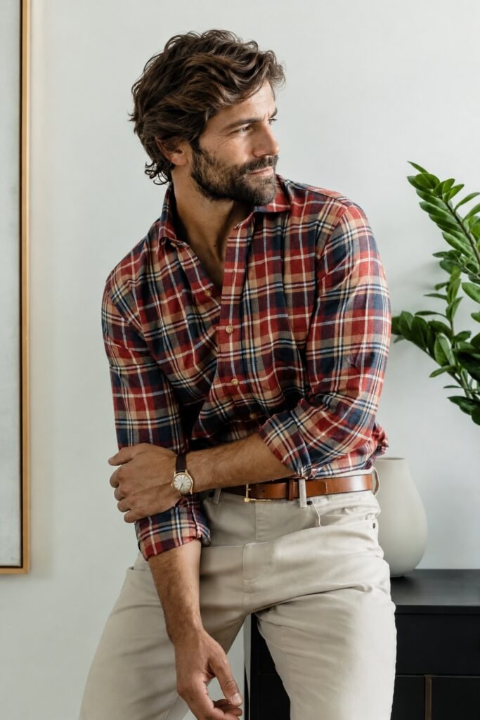 Man in a tucked red plaid flannel with light chinos and a leather belt