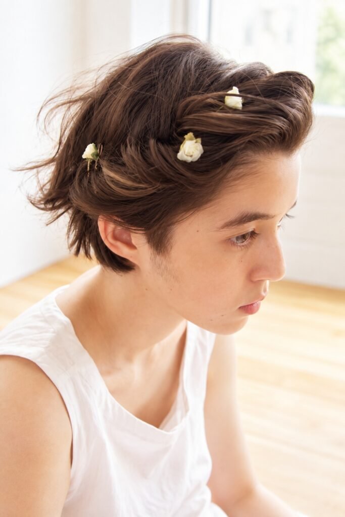 Short twisted hair with floral pins