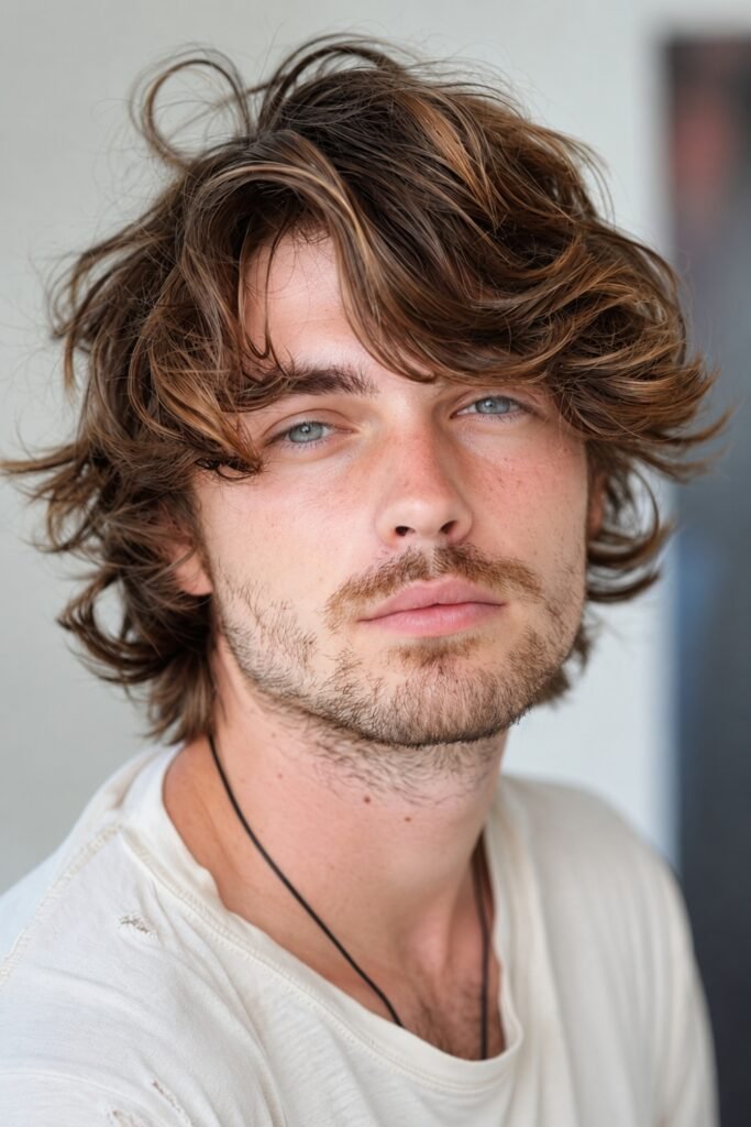 Man with a wavy fringe flow haircut falling over the forehead