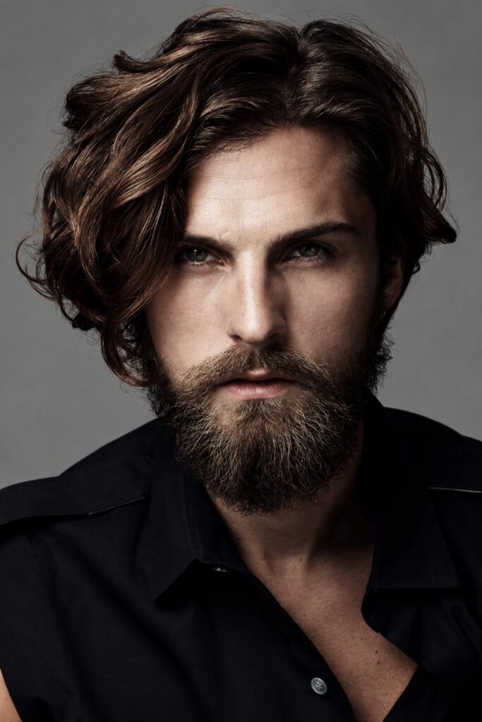 Wavy side sweep with a full beard