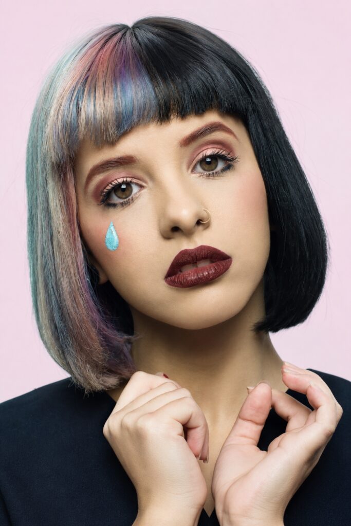 Wine lipstick with pastel eyeshadow