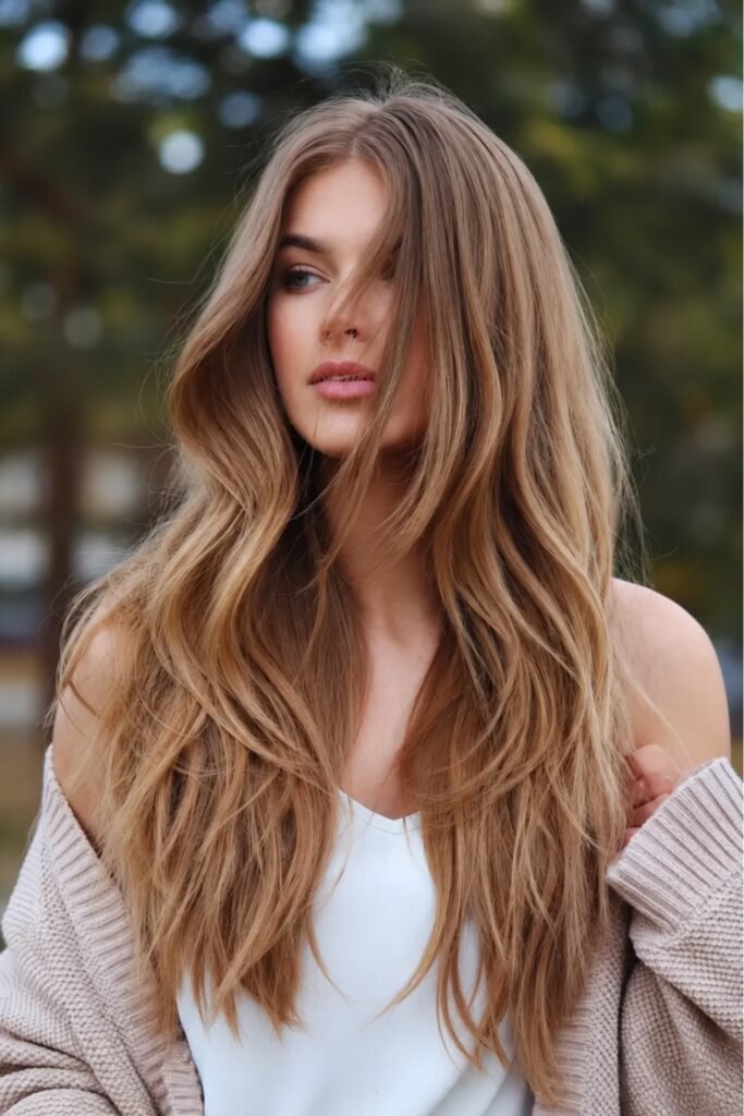 Long soft-wave hair in honey brown with light butterfly layers