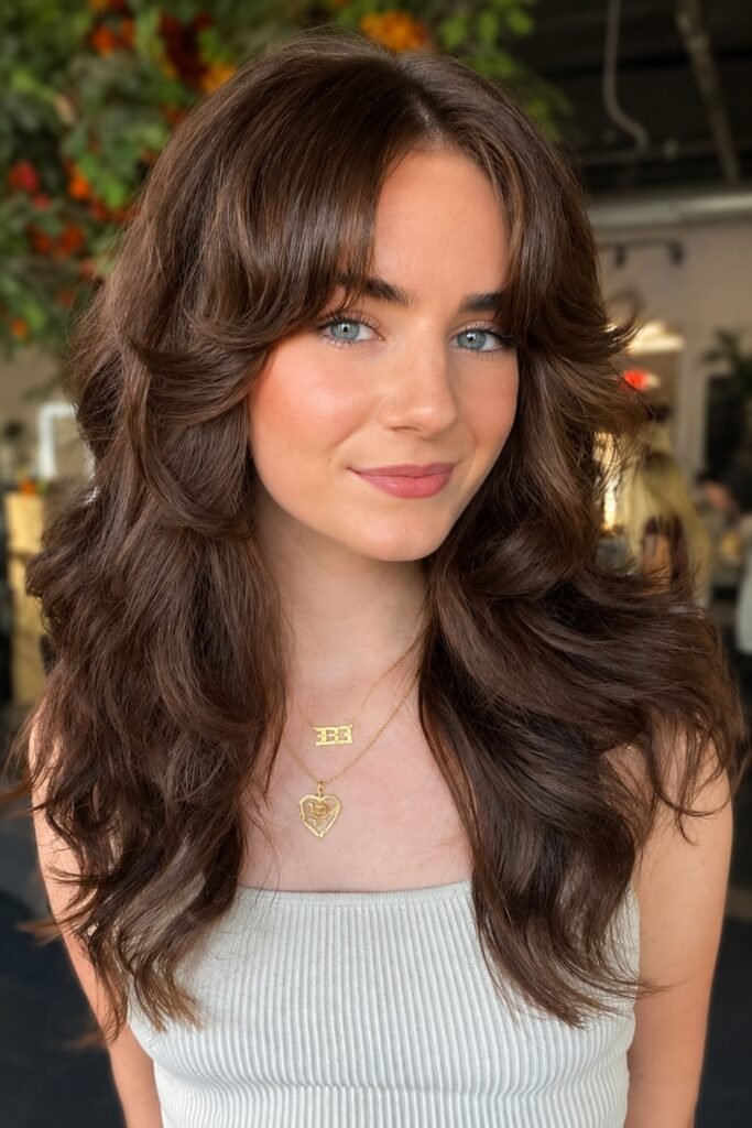 Wavy dark brown hair with curtain bangs and butterfly layers