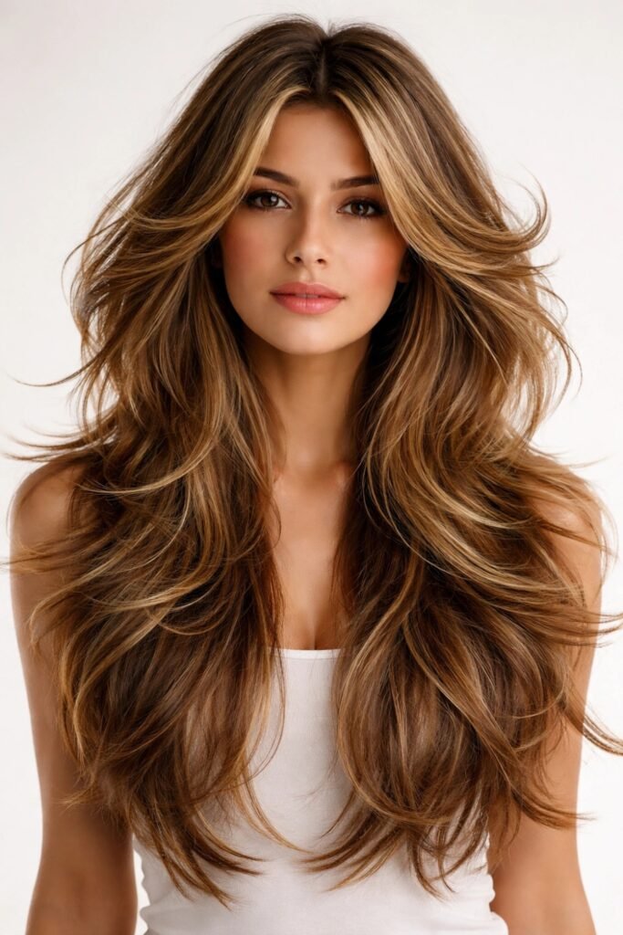 Voluminous wavy hair with caramel highlights and butterfly layers