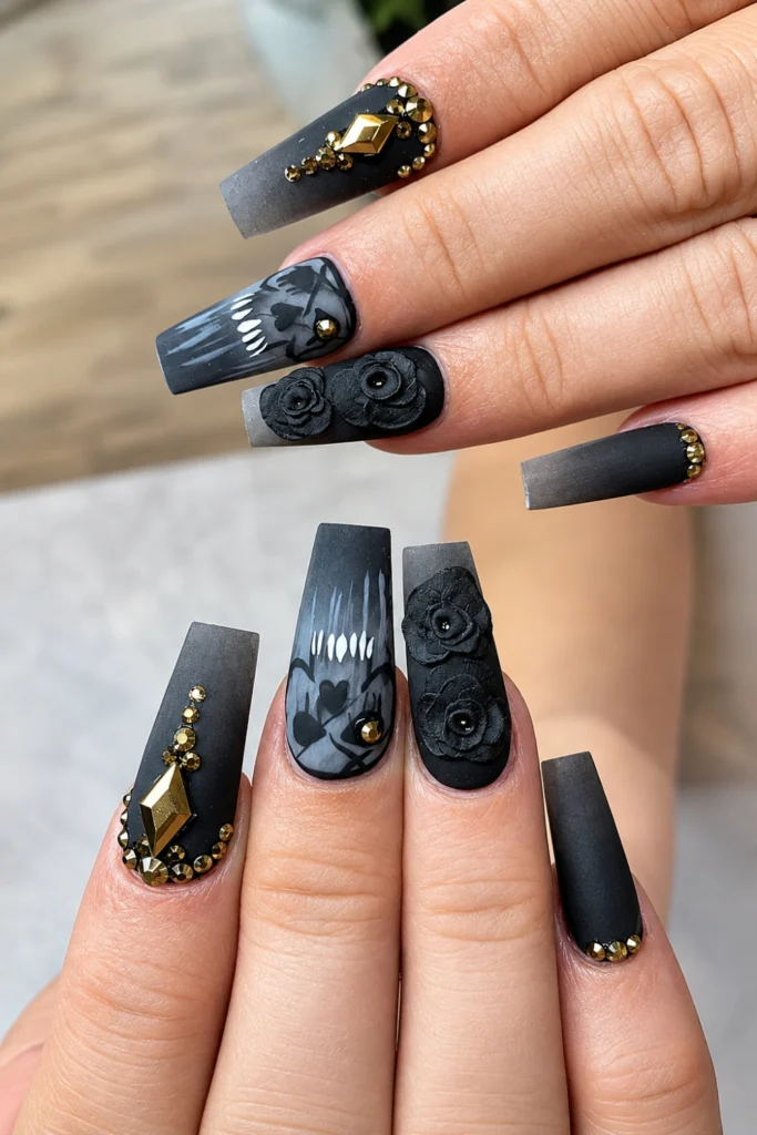 3D Black Rose Coffin Nails