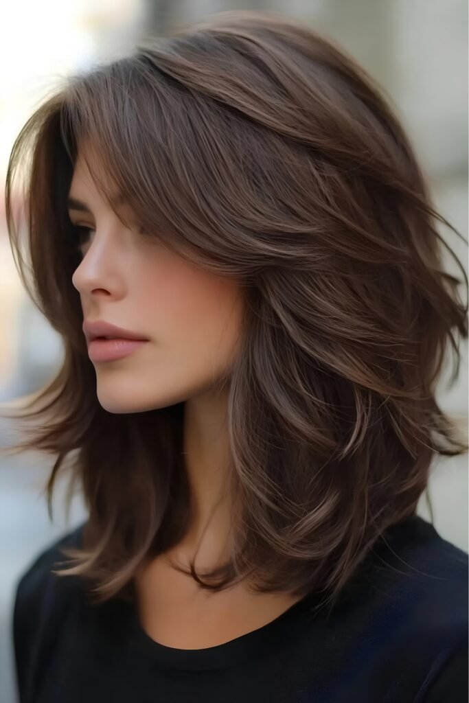 Side view of thick brunette hair with internal layers